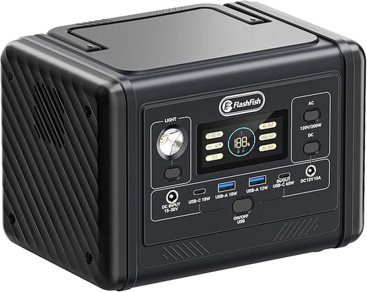 Flashfish 200W Portable Power Station - 153Wh LiFePO4 Battery, 400W Surge, Pure Sine WaveAC Outlets, 60W PD USB-C, Fast Recharge, Solar Generator for Home, Camping & Emergencies