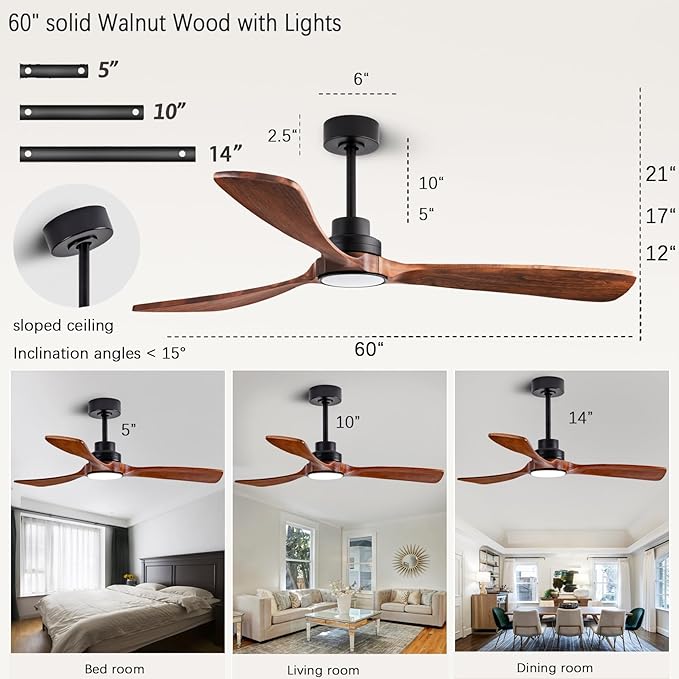 60" Ceiling Fans with Lights with Remote Control, Indoor Outdoor Wooden Ceiling Fan with 3 Wooden Blades for Patio, Living Room, Office, Farmhouse, etc. (Black + Walnut)…