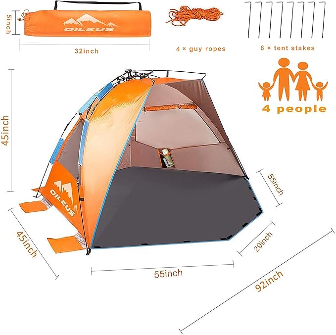 Oileus X-Large 4 Person Beach Tent Sun Shelter - Portable Sun Shade Instant Tent for Beach with Carrying Bag, Stakes, 6 Sand Pockets, Anti UV for Fishing Hiking Camping, Waterproof Windproof, Orange