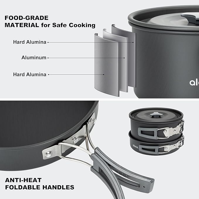 Alocs 17pcs Camping Cookware Set - Lightweight Camping Cookware Mess Kit for 2 - Portable Outdoor Cookware with Kettle - Camping Pots and Pans Set with Stainless Steel Cups Plates Forks Knives Spoons