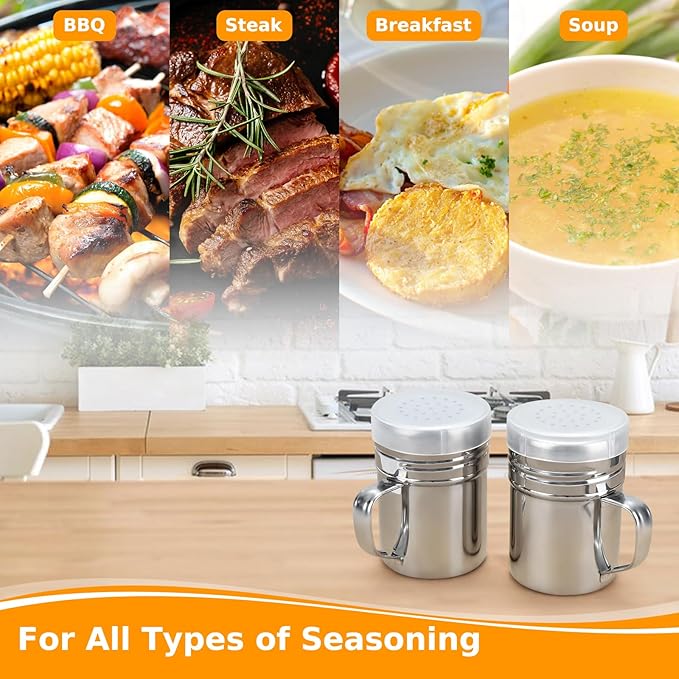 Accmor 2pcs Stainless Steel Dredge, Salt Pepper Dredge Shakers with Handle, Seasonings Spice Shakers with Lid, 6 Ounce