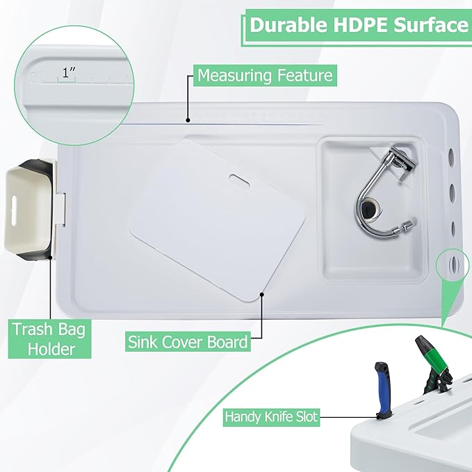 AHB 42" Outdoor Sink Fish Cleaning Table Portable Camping Table with Faucet Hose Hook Up Grid Rack, Fish Fillet Camping Sink Table with 6pc Fish Cleaning Kit for Picnic Beach Patio