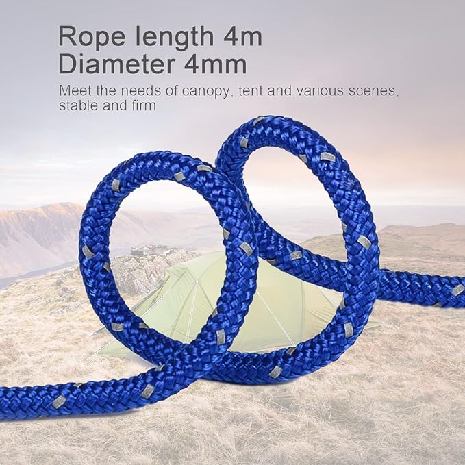8 Pack 4mm Guy Lines Ultralight Tent Cords with Aluminum Adjuster Tensioner Outdoor Camping Guylines Ropes for Tent Tarp,Climbing,Hiking Backpacking (Blue)