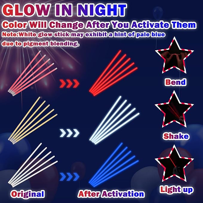 Patriotic Accessories Toys Gifts for Kids ＆ Adults 90 PCS, Red White Blue Glow Sticks Light up Neon Bracelets Necklaces for Parade Throws, Party Favors Supplies Decorations for Labor Veterans Day