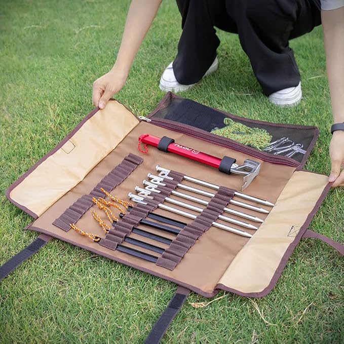 Tent Stake Storage Bag Tent Stake Roll Bag Ground Nail Storage Bag, Heavy Duty Oxford Polyester Case for Tent Pegs and Camping Hammer