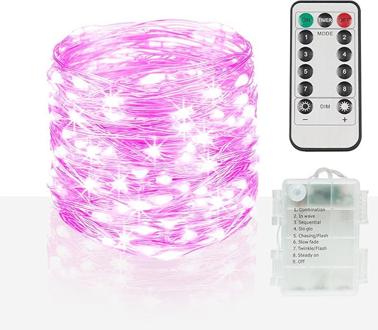 suddus Pink Fairy Lights Battery Operated Outdoor Waterproof, 33ft 100 Led String Lights with Remote, Twinkle Lights for Bedroom, Dorm, Tapestry, Christmas, Party Decorations