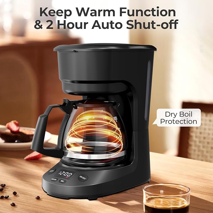 5-Cup Drip Coffee Maker with 24h Programmable Timer, Compact Coffee Machine with Food-grade Glass Carafe, 2h Keep Warm with Auto Shut-off, Delay Brew, 25oz Water Tank, Ideal for Home/Office