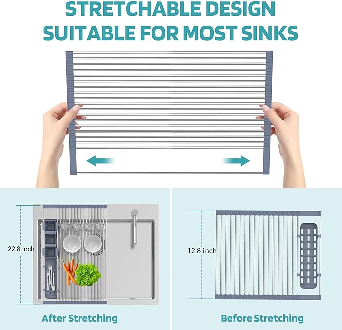Extra Large Expandable Roll Up Dish Drying Rack Up to 22.8''with 2 Storage Baskets,Over The Sink Kitchen Rolling up Dish Drainer Dish Drying Rack in Sink, Foldable,Rollable,for Kitchen Dishes,Fruits