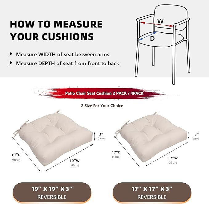 RACE LEAF Outdoor Cushions 17" x 17" Patio Chair Seat Pads, Set of 2 Thick Fill Tufted Square Patio Cushions, Water-Resistant Olefin Chair Seat Cushion with Ties for Non-Slip Support, Beige