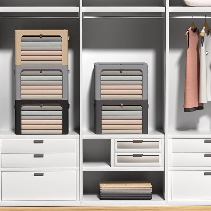 3Pack Frame Storage Box - Clothes Storage Bin Bags Oxford Fabric Foldable Stackable Container Organizer Set with Clear Window & Carry Handles Large Capacity (Beige, Small-22L)