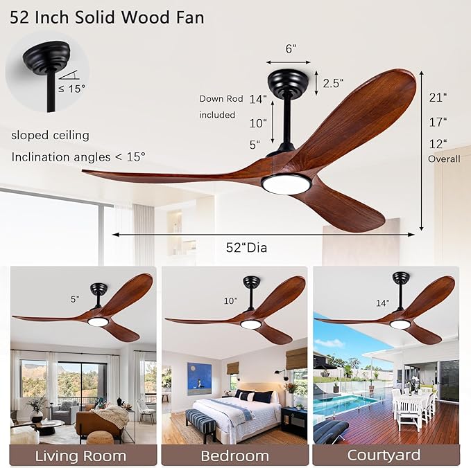 52” Ceiling Fans with Remote/Light/APP,Dimmer and Color, Wooden Ceiling Fan with 3 Wooden Blades for Patio, Living Room, Gazebo, etc. (Black + Walnut)