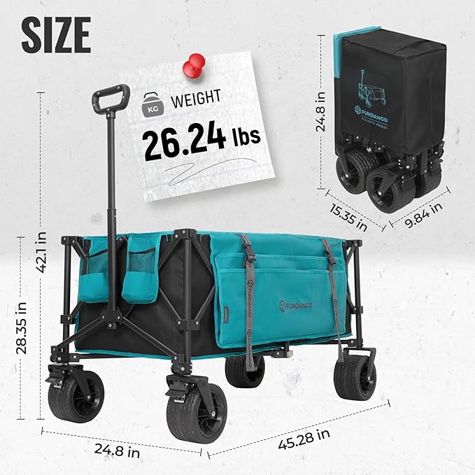 FUNDANGO 600lbs Heavy Duty Wagon, Foldable Beach Collapsible Wagons Garden Cart with Brakes, Side Pockets & All-Terrain Big Wheels for Sports Camping Shopping Groceries, Black/Blue