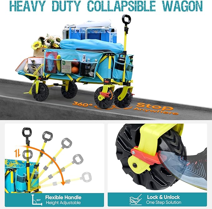 49" L Extra Long Beach Wagon with Tailgate,Big Wheels with Brake for Sand, Collapsible Utility Beach Cart Heavy Duty Folding Wagon,Ideal for Outdoor Sand Camping Garden Pet