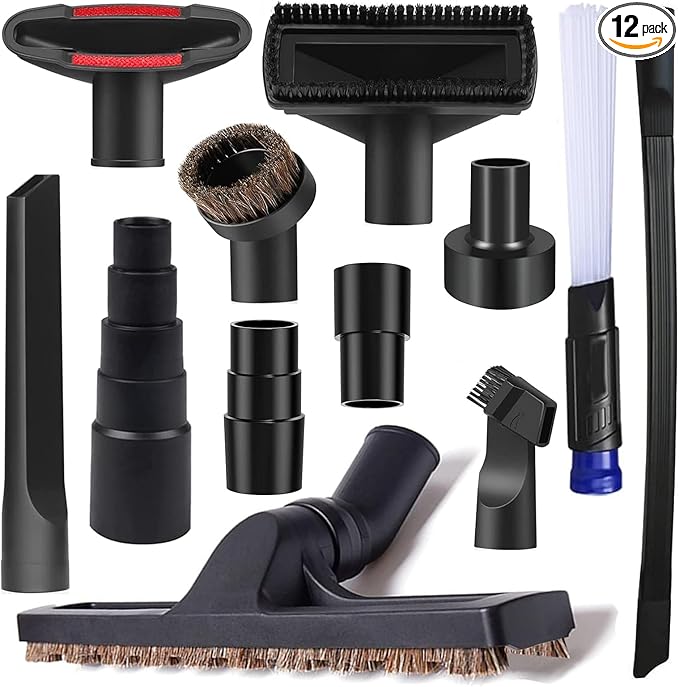 12Pcs Universal Vacuum Attachment Professional Shop Vac Accessories Wet Dry Vacuum Hose Adapter with Hair Brush Extension Wand Flexible Crevice Tool fit 2 1/2" to 1 1/4" and 1 7/8" to 1" Vacuum Hose