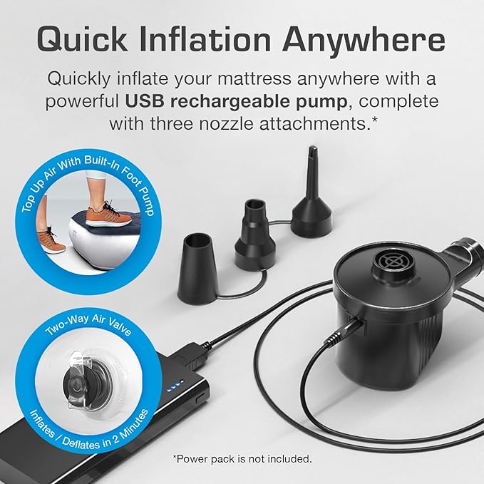 Active Era Luxury Camping Air Mattress with Built in Pump - Queen, USB Rechargeable Pump, Travel Bag for Tent Camping