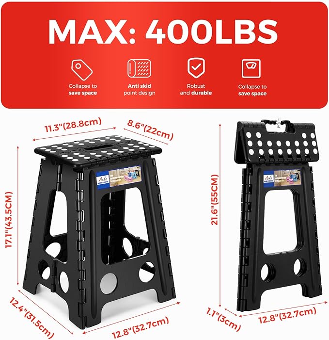 ACKO Folding Step Stool Foldable 17.5 Inch 400 lbs Capacity, Plastic Stools for Adults and Kids, Collapsible Stools for Kitchen, Stepping Stool with Handle (Black)