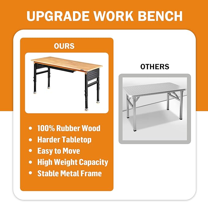 60" Heavy-Duty Adjustable Workbench for Garage, Rubber Wood Shop Table W/Double Pegboards & Drawer,Hardwood Workstation Weight Capacity Over 2000 Lbs