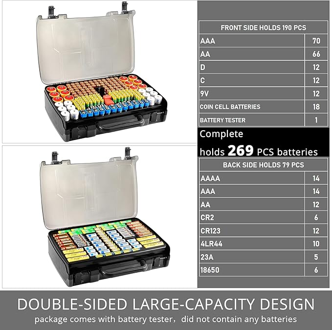 Battery Organizer Storage Holder Box Case with Tester- 269 Batteries Double-Sided Variety Pack, Holds AA AAA 4A C D Cell 9V 3V Lithium LR44 CR2 CR123 CR1632 18650 Button- Grey