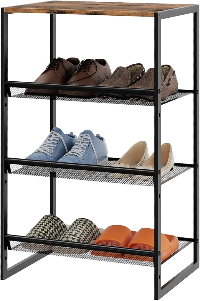 Garden 4 you 4 Tiers Narrow Shoe Rack,Small Space Freestanding Shoe Storage Organizer with Brown Wooden Tabletop,Adjustable Metal Shelf Stackable Shoe Shelf for Entryway Hallway Living Room Closet
