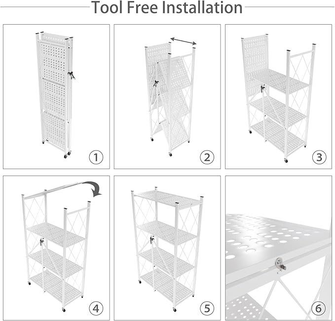 4 Tier Foldable Storage Shelf with Wheels, Heavy Duty Folding Shelf Loads 600 LBS, Metal Steel Collapsible Shelves, Rolling Standing Utility Rack for Kitchen, Pantry, Office, White