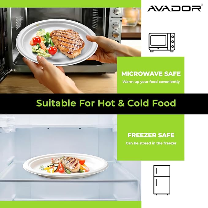 AVADOR® Compostable Tableware 100% Eco-Friendly & Biodegradable Dinnerware Eco-Conscious, Disposable, and 100% Biodegradable (10 inch Round Plates Pack of 150)
