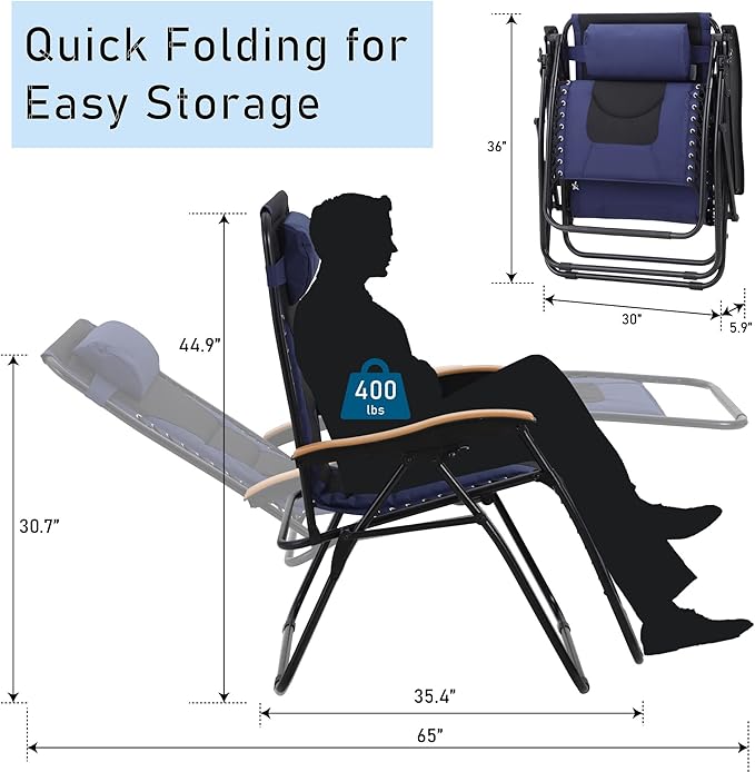 PHI VILLA XXL Oversized Padded Zero Gravity Chair, Foldable Patio Recliner, 30" Wide Seat Anti Gravity Lounger with Cup Holder, Support 400 LBS (Navy Blue)
