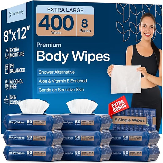 Extra large Shower Body Wipes for Adults 8" x 12" (400 count) + 8 Travel Packs | Adult Wipes for Elderly, Bathing No Rinse, Vitamin E, 8 Packs of 50
