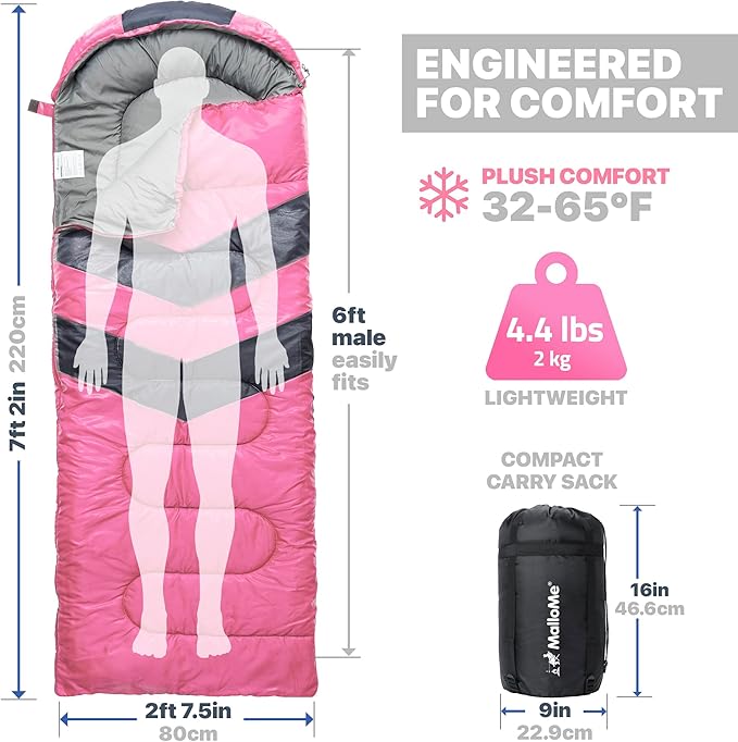 MalloMe Sleeping Bags for Adults Cold Weather & Warm - Backpacking Camping Sleeping Bag for Kids 10-12, Girls, Boys - Lightweight Compact Camping Essentials Gear Accessories Hiking Sleep Must Haves