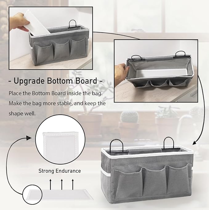 2pcs 3-pockets Large Wall Hanging Organizer Bag, Linen Fabric Door Hanging Storage Baskets with Pockets, Waterproof Bin for Kitchen, Bedroom, Office, RV Camper (Gray-3pcs)
