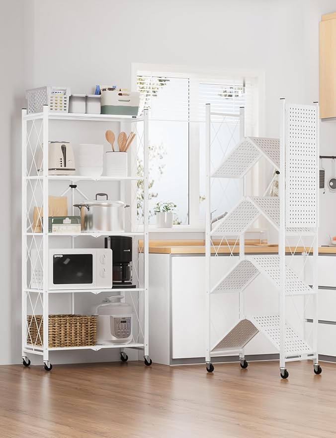 ALANNG 70.7" H Metal Storage Shelves, 5 Tier Folding Shelf on Wheels, Heavy Duty, No Assembly, Rolling, Collapsible Rack Unit for Kitchen, Basement, Pantry (White,4 Pack)