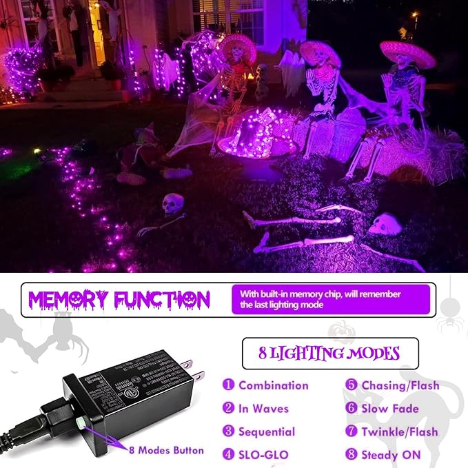 SANJICHA Purple Extra-Long 66FT 200 LED Halloween Lights for Indoor/Outdoor, Super Bright 8 Lighting Modes Plug in String Lights for Halloween Decorations Bedroom Party Garden Patio Tree (Purple)