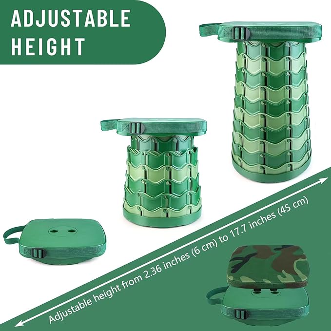 Camouflage Collapsible Camping Stool with Seat Cushion & Carry Bag, Square Portable Telescopic Chair, Lightweight Sturdy Foldable Seat for Camp Fishing Picnic, Max Load 550 lb