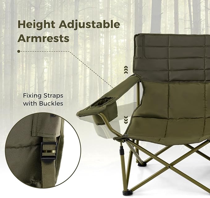 Tangkula 2 Person Oversized Camping Chair, Fully Padded Folding Loveseat Camp Chair with Adjustable Armrests, Cup Holders, Carrying Bag, Portable Double Outdoor Lawn Chair for Camping