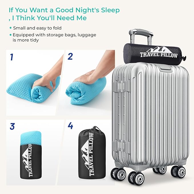 Travel Pillow Memory Foam Pillows, Camping Pillow-Compressible Medium Firm, Breathable Cover, Ideal Backpacking Hiking, Bed Pillows, Airplane and Car (Light Blue, S)