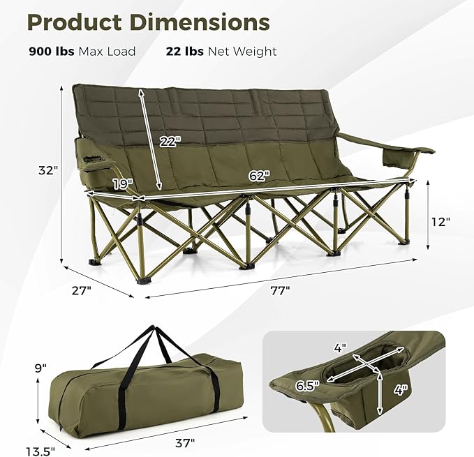 Tangkula 3 Person Oversized Camping Chair, Fully Padded Folding Camp Chair with Adjustable Armrests, Cup Holders, Carrying Bag, Portable Outdoor Lawn Chair for Camping, Support 900LBS