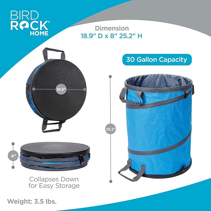 BIRDROCK HOME Collapsible Lawn and Leaf Waste Bag with Lid - 30 Gallon - Heavy Duty Reusable Camping Trash Can - Hardshell Bottom for Yard Debris, Garage Storage - Portable Garden Bin - Blue