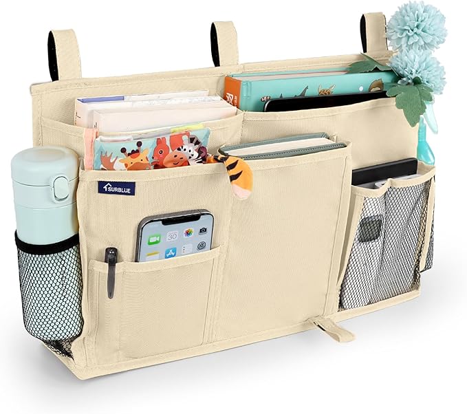 Surblue Bedside Caddy Hanging Organizer Storage Bag Pocket for Bunk, Hospital, College Dorm Rooms, Baby Bed Rails, Camp - 8 Pockets, Large, Beige