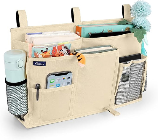 Surblue Bedside Caddy Hanging Organizer Storage Bag Pocket for Bunk, Hospital, College Dorm Rooms, Baby Bed Rails, Camp - 8 Pockets, Large, Beige
