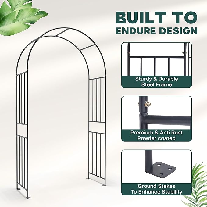 IDZO 86in Metal Garden Arbor Arch, Sturdy & Durable Trellis with Ground Stakes, 3 Installation Options, Ideal for Climbing Plants & Outdoor Decoration