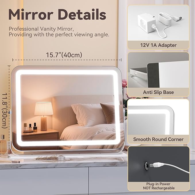 MINISO Vanity Mirror with Lights, 16" x 12" LED Makeup Mirror, Light & Brightness Adjustment, Smart Sensor, 360°Rotation, Aluminum Alloy Metal White Frame, with 10X Magnifying Glass