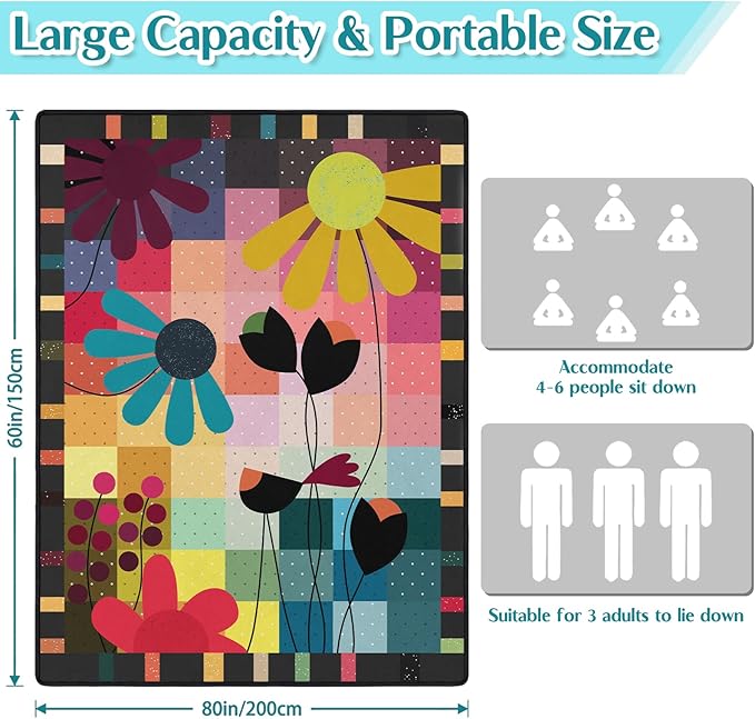 Abstract Floral Picnic Blankets Waterproof Foldable, 60″X80″ Thick Picnic Mat Outdoor Blanket for Grass, Modern Beach Blanket Sandproof Picnic Accessories for Camping Party Park Travel