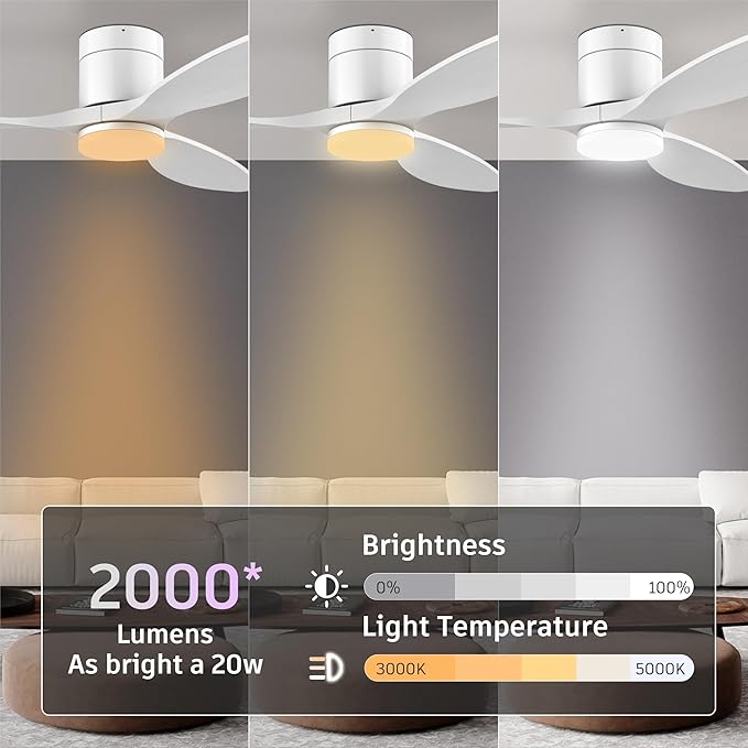 52” Wood Smart Ceiling Fans with light and Remote,Flush Mount Outdoor Indoor Ceiling Fan,Quiet DC Motor,Dimmable,Control with Voice Alexa Google App Wifi,for Low Profile Modern Bedroom Patio,White