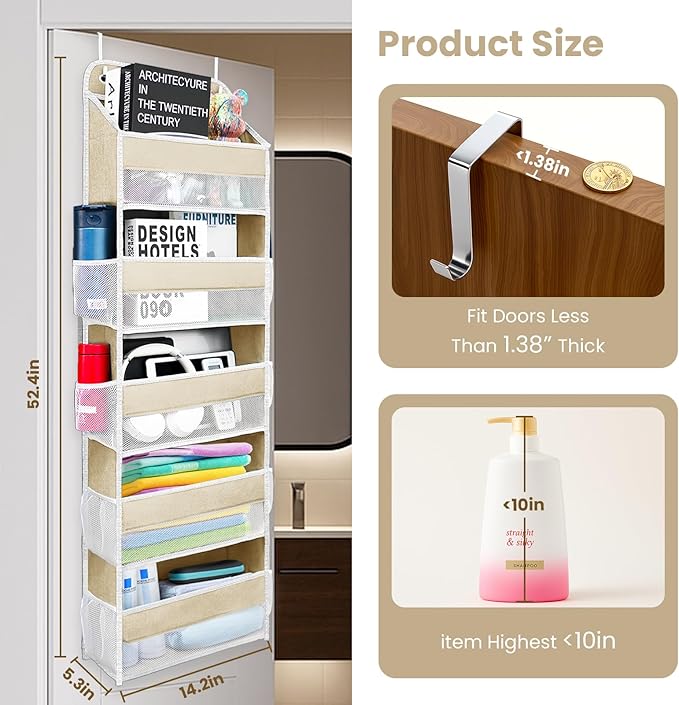Over The Door Organizer with 8 Side Mesh Pockets, 44lb Weight Capacity Hanging Behind The Door Bathroom Organizers and Storage Suitable for Storing Toys, Shoes, Towels, Lvoy White, 5 Shelf