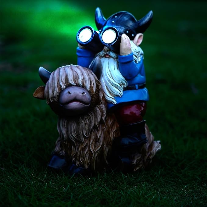 Garden Gnome Statues Resin Gnome Sitting on Highland Cow Solar LED Lights Outdoor Telescope Gnome Decorations