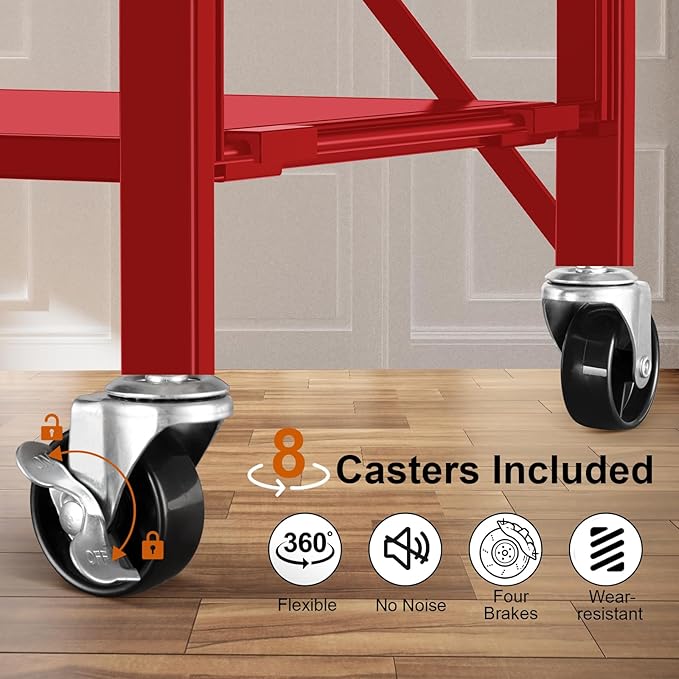 Himix 6 Tier Foldable Storage Shelves, Expandable Folding Bookshelf with Wheels, Changeable into 2 Shelf Units, Collapsible Adjustable Storage Rack Metal Shelves for Garage Kitchen, Basement, Red