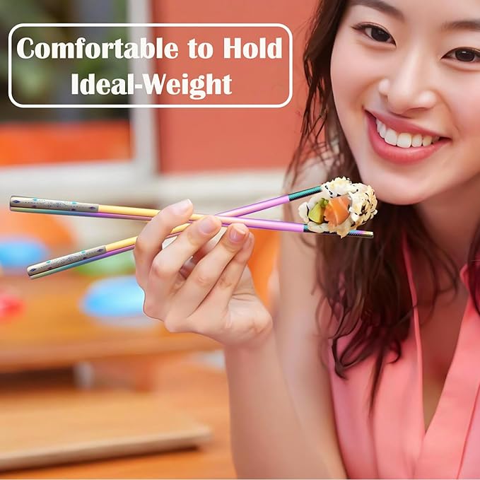 Metal Chopsticks Reusable 1 Pair Stainless Steel Travel Chopsticks Dishwasher Safe Square Lightweight Non-Slip Chop Sticks with case (Colorful Waterdrop Diamond)