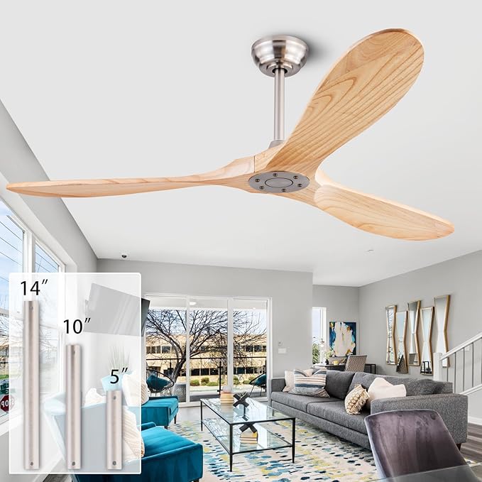 60" Wood Ceiling Fan No Lights with Remote Control,Wooden 3 Blades Ceiling Fans Without Light for Patio,Garage,Living Room,Bedroom,Office,Indoor/Outdoor(Nickel+Raw wood)