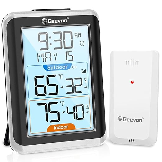 Geevon Wireless Indoor/Outdoor Thermometer & Hygrometer, Digital Temperature & Humidity Sensor with Time, Clock, 200ft/60m Range, 3.8‘’ Large Display