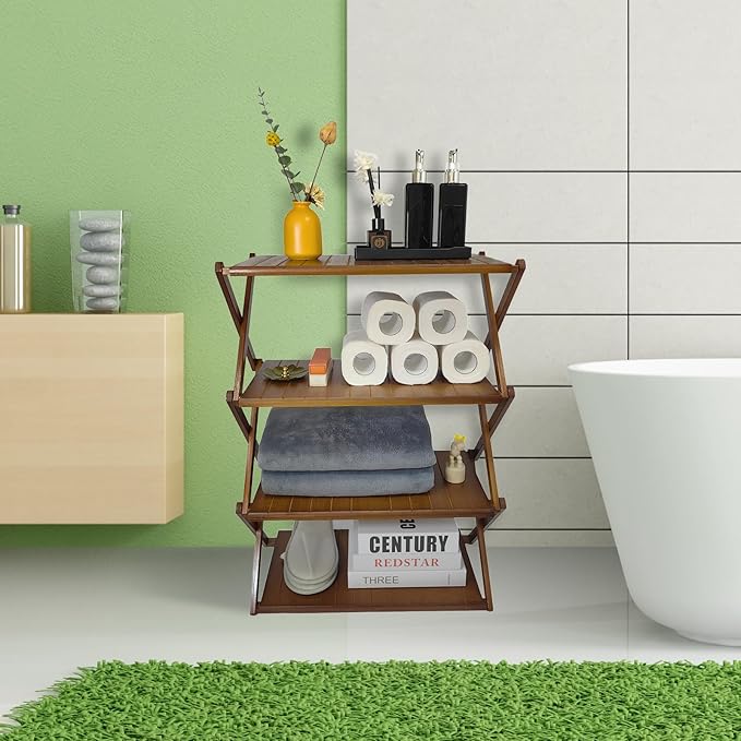 Foldable Bamboo Shelf, Folding Shoe Rack, Flower Rack, Camping Rack, No Installation Required, Portable, Space Saving, Multi-Purpose Storage Rack (Walnut, 4 Tiers)