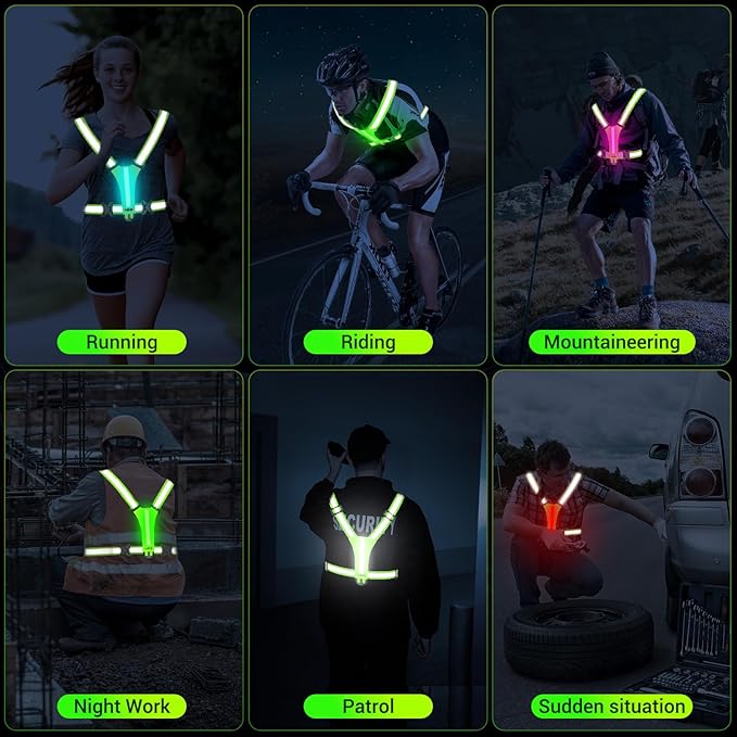 Led Reflective Vest Running Gear，7 Lights Colors Light Up Running Vest, Rechargeable High-Visibility Adjustable Vest for Running, Cycling, and Night Activities（Green）